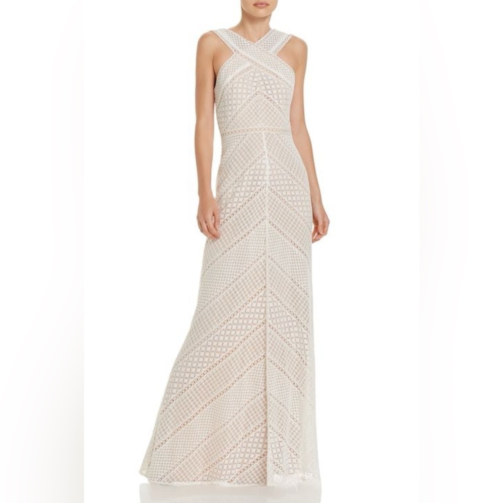 BCBGMaxAzria Ivory Halter Lace Cross Neck Maxi Dress Size 8